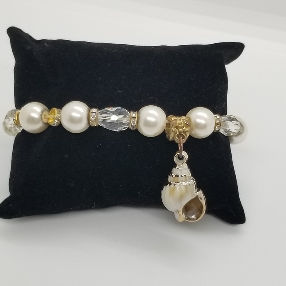 stretch bracelet faux pearl rhinestones shell - Picture 2 of 3